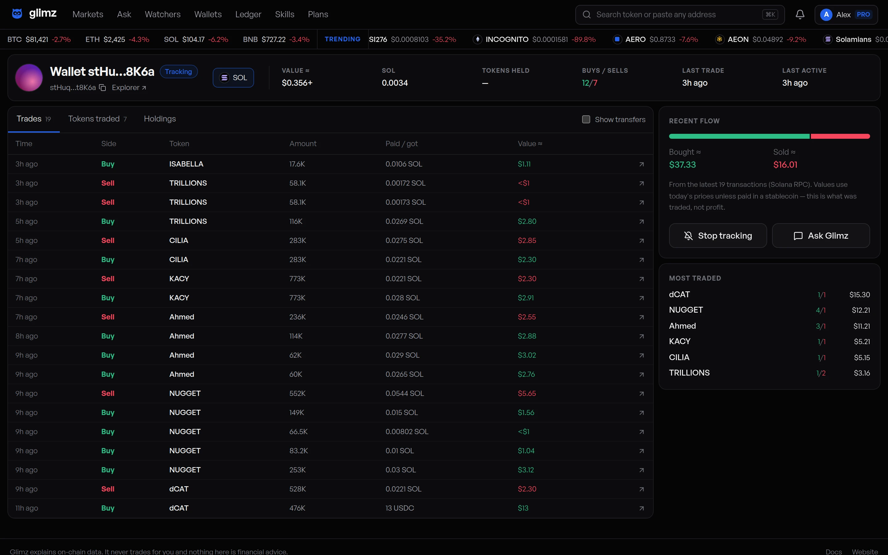 A Glimz wallet page on Solana: latest trades, recent flow and most traded coins